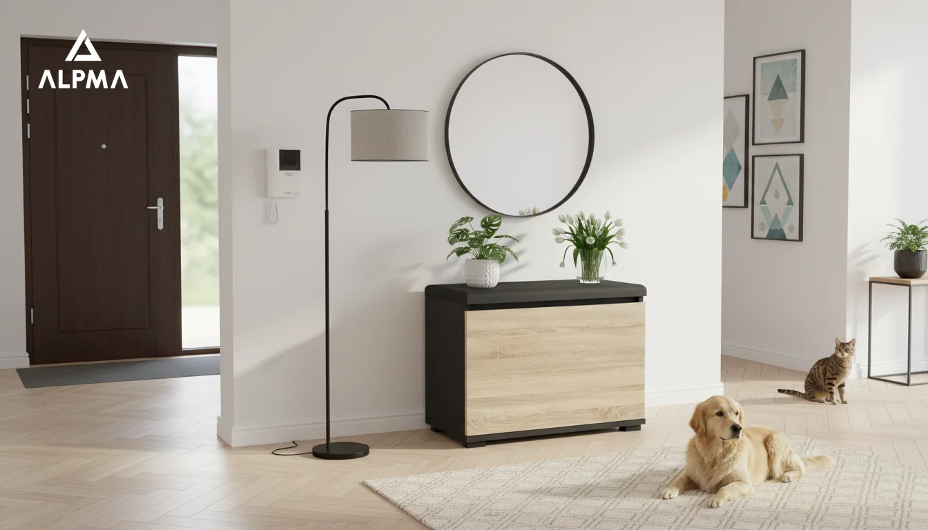 Szafka na buty VB 100×30×45 cm z siedziskiem i schowkiem D1N1 CZARNY DRZWI-SONOMA