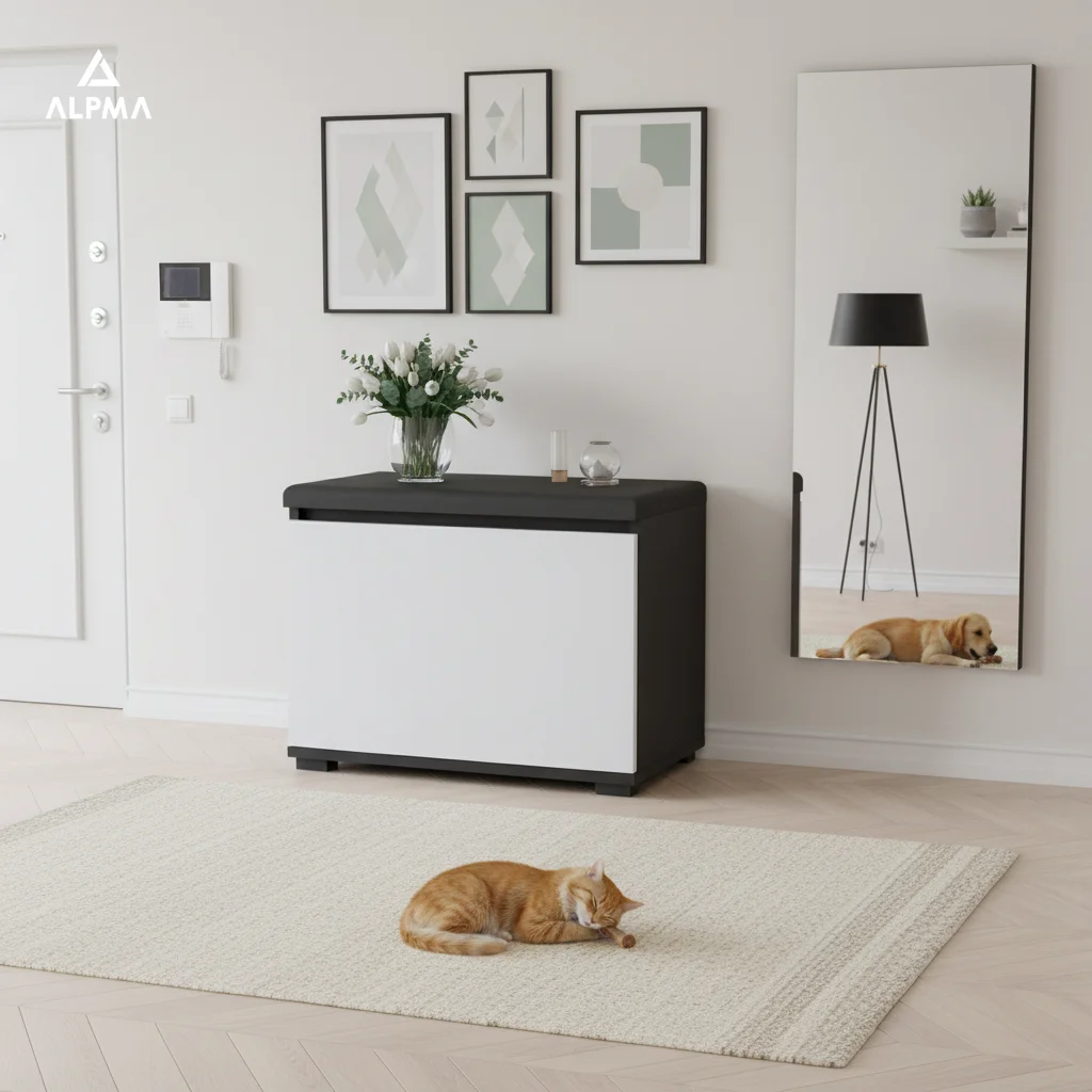 Szafka na buty VB 100×36×45 cm z siedziskiem i schowkiem D1N1 CZARNY DRZWI-BIALY