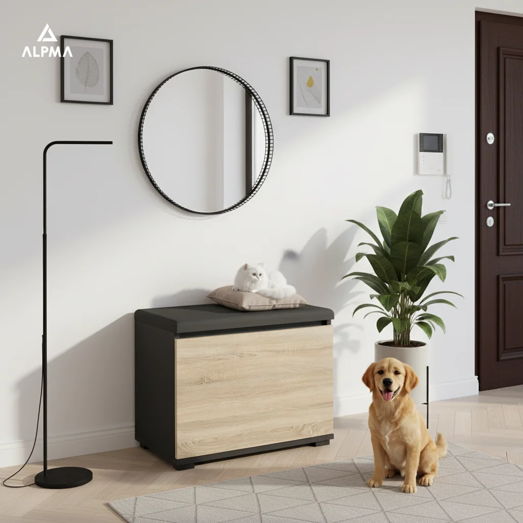 Szafka na buty VB 100×30×45 cm z siedziskiem i schowkiem D1N1 CZARNY DRZWI-SONOMA