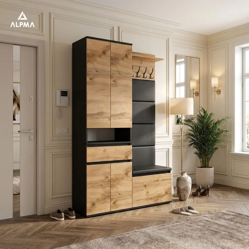Garderoba G4 120x36cm SUPRA60 VB60 WP60 4 Panele D1 N1 CZARNY DRZWI-WOTAN FRONT-WOTAN szafa siedzisko panele wieszak