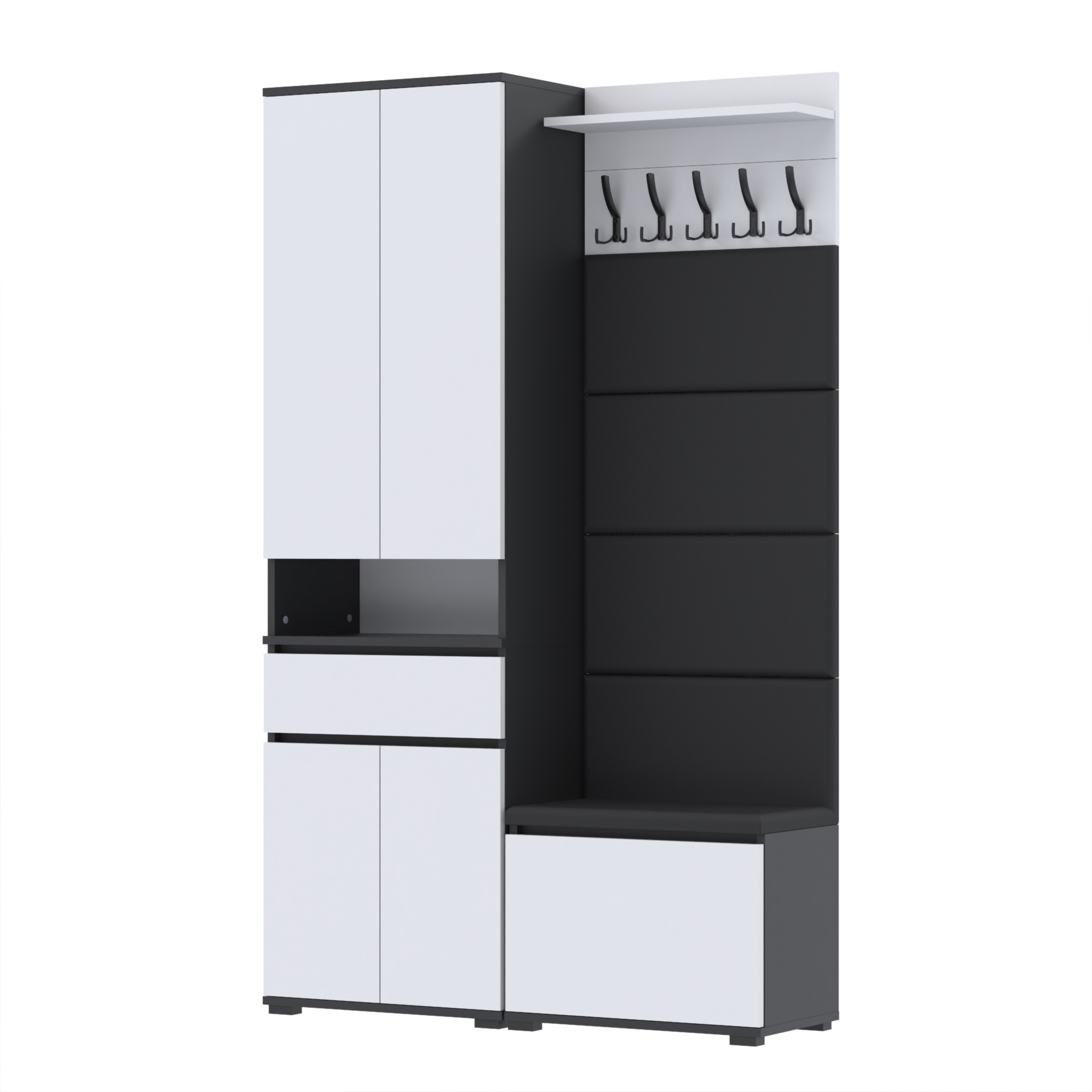 Garderoba G4 120x30cm SUPRA60 VB60 WP60 4 Panele D1 N1 CZARNY DRZWI-BIALY FRONT-BIALY szafa siedzisko panele wieszak