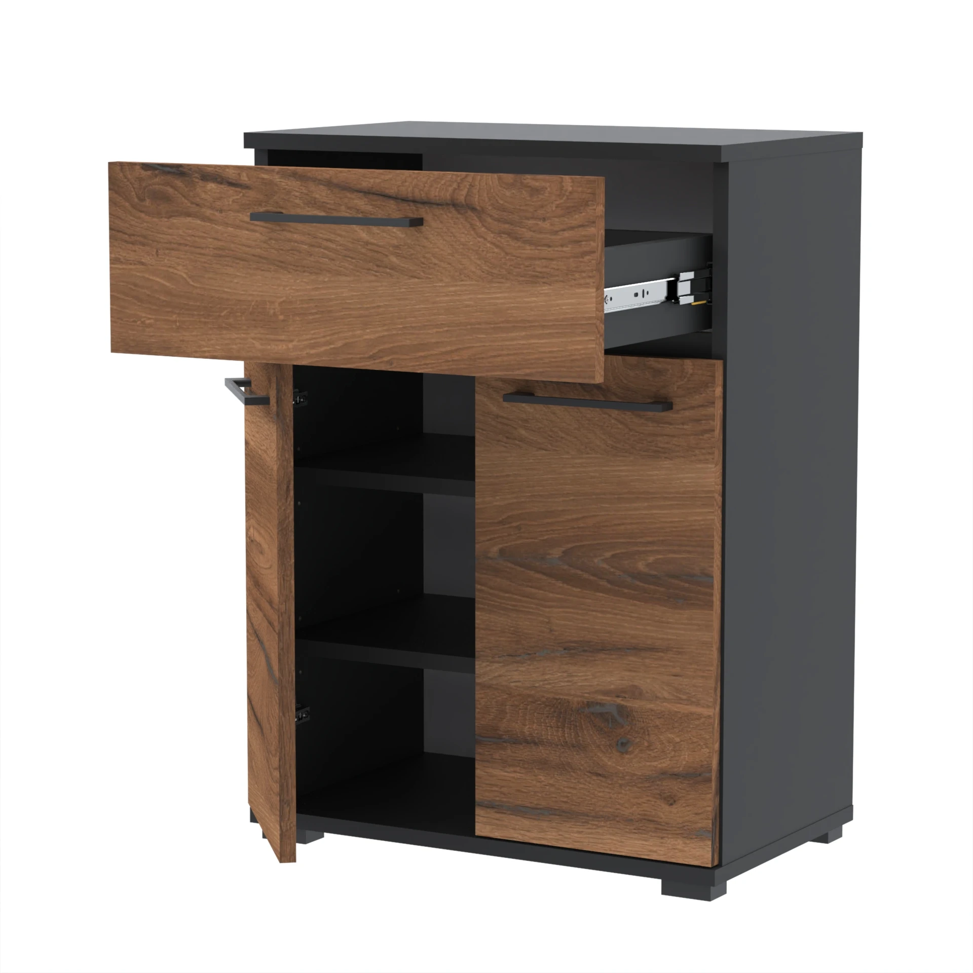 Szafka TRES na buty z szufladą  TRES-D2N1 60×30×81.6 cm 3 półki i szuflada D2N1 CZARNY DRZWI-ESTANA FRONT-ESTANA