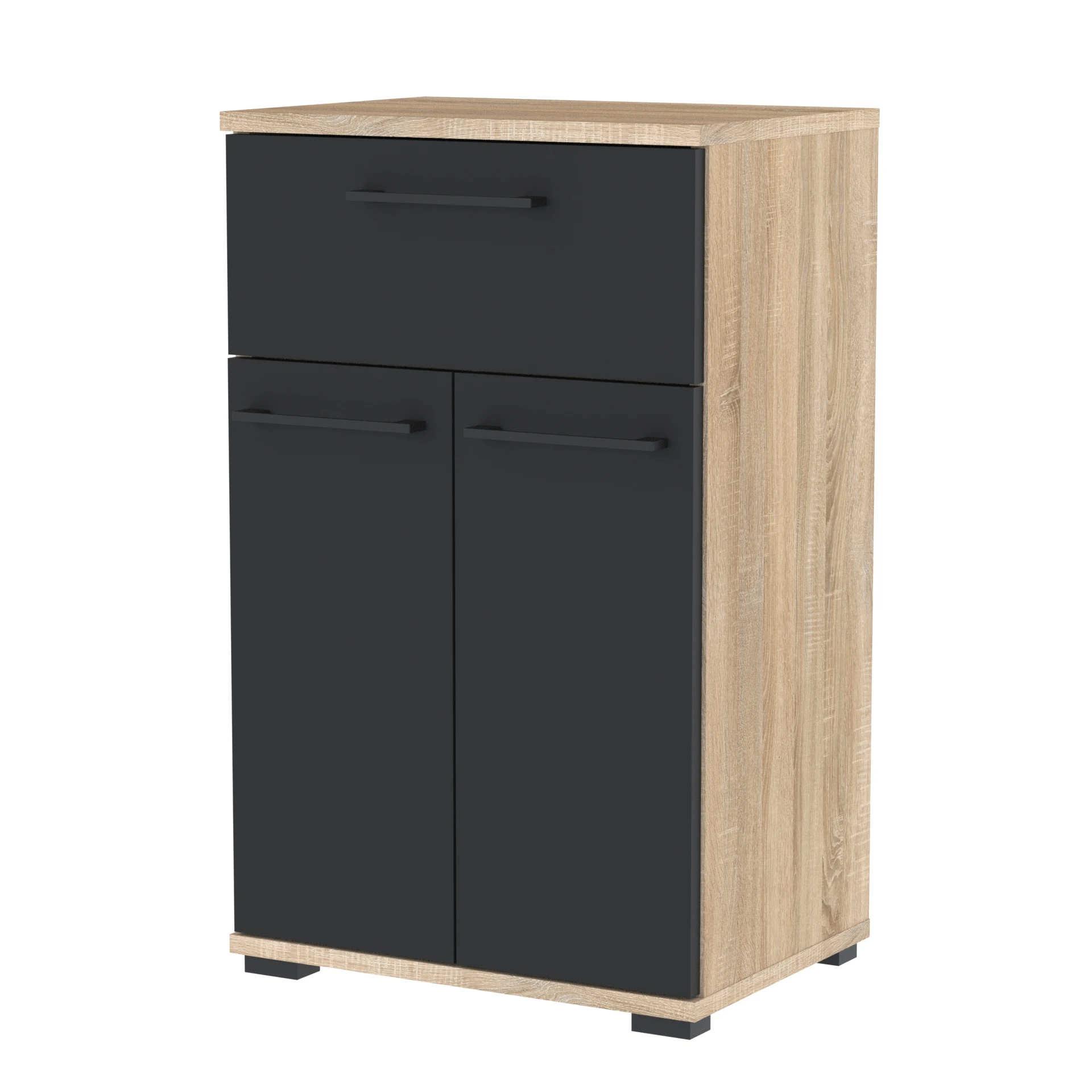 Szafka TRES na buty z szufladą  TRES-D2N1 60×30×81.6 cm 3 półki i szuflada SONOMA DRZWI-CZARNY FRONT-CZARNY