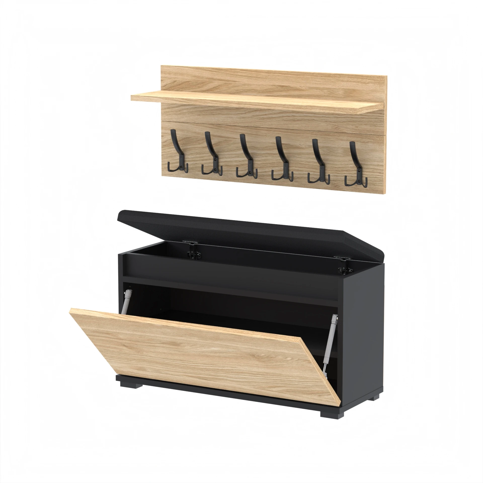 Zestaw siedzisko z wieszakiem C7 80x36cm VB80 WP80 D1 N1 CZARNY DRZWI-OLEJOWANY