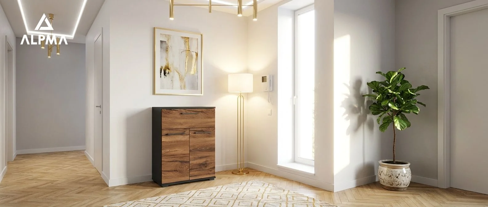 Szafka TRES na buty z szufladą  TRES-D2N1 50×30×81.6 cm 3 półki i szuflada D2N1 CZARNY DRZWI-ESTANA FRONT-ESTANA